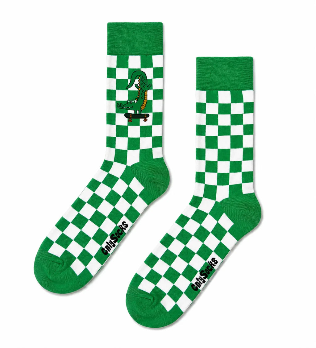 Checkered green crocodile streetwear crew socks