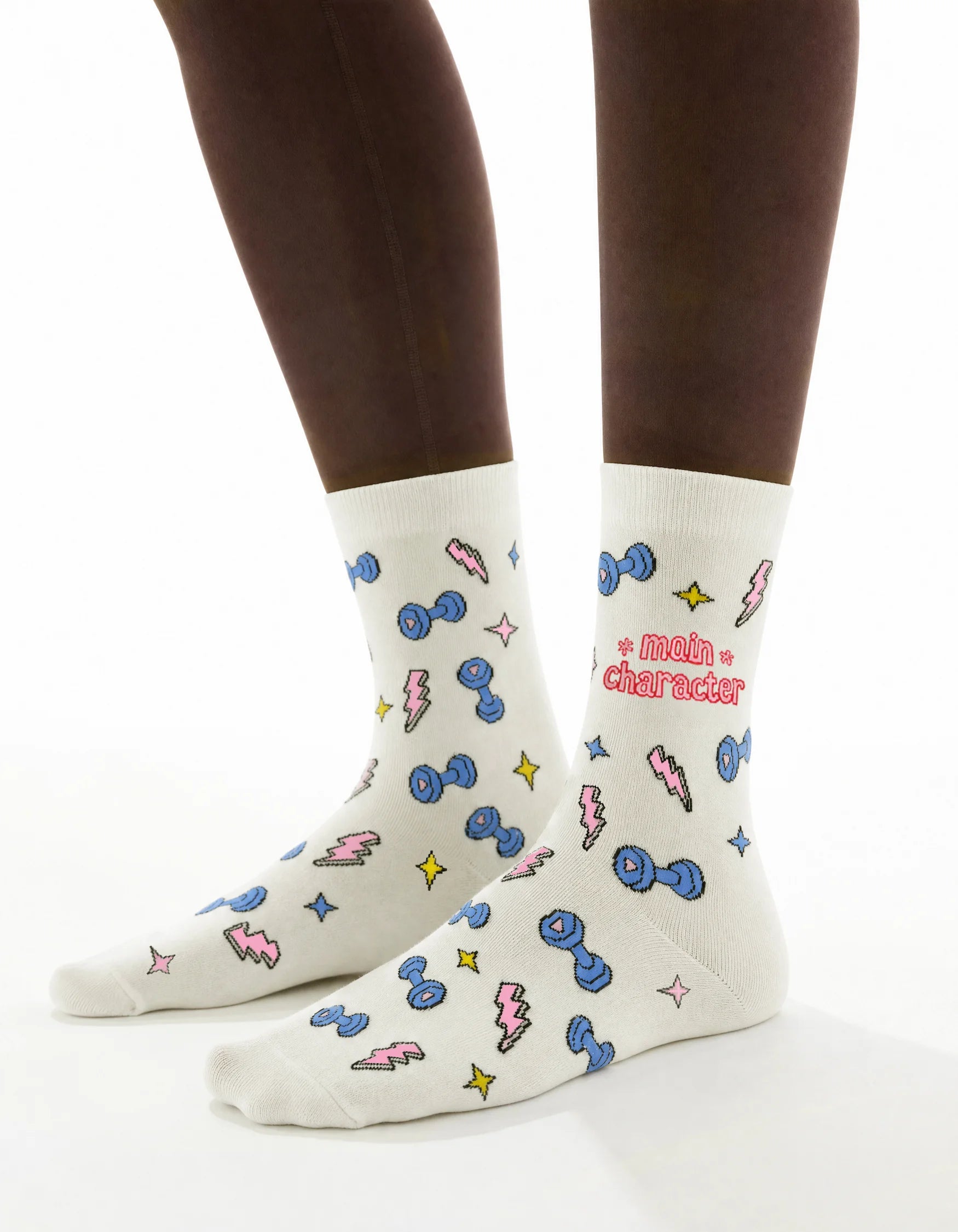 Women's white and pink dumbbell gym crew socks - front view