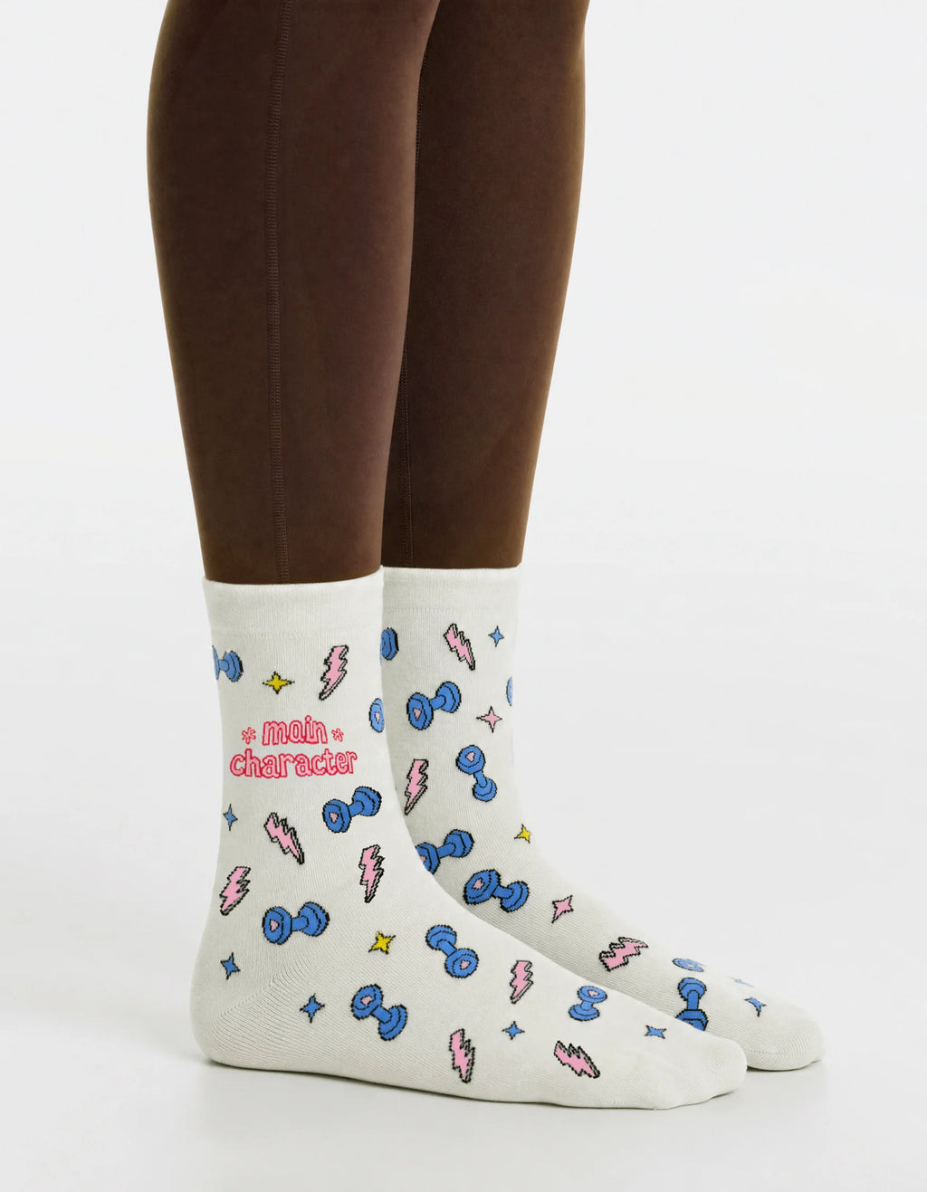 Women's white and pink dumbbell gym crew socks - side view 1
