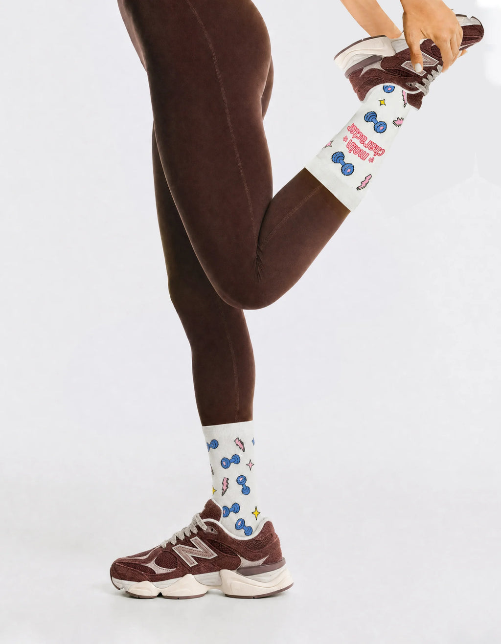 Women’s white and pink dumbbell gym crew socks – side view 2