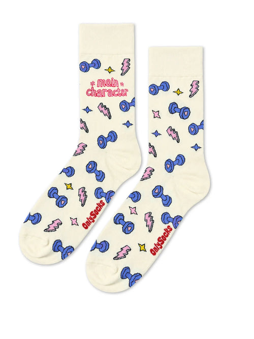 Women's white and pink dumbbell gym crew socks 
