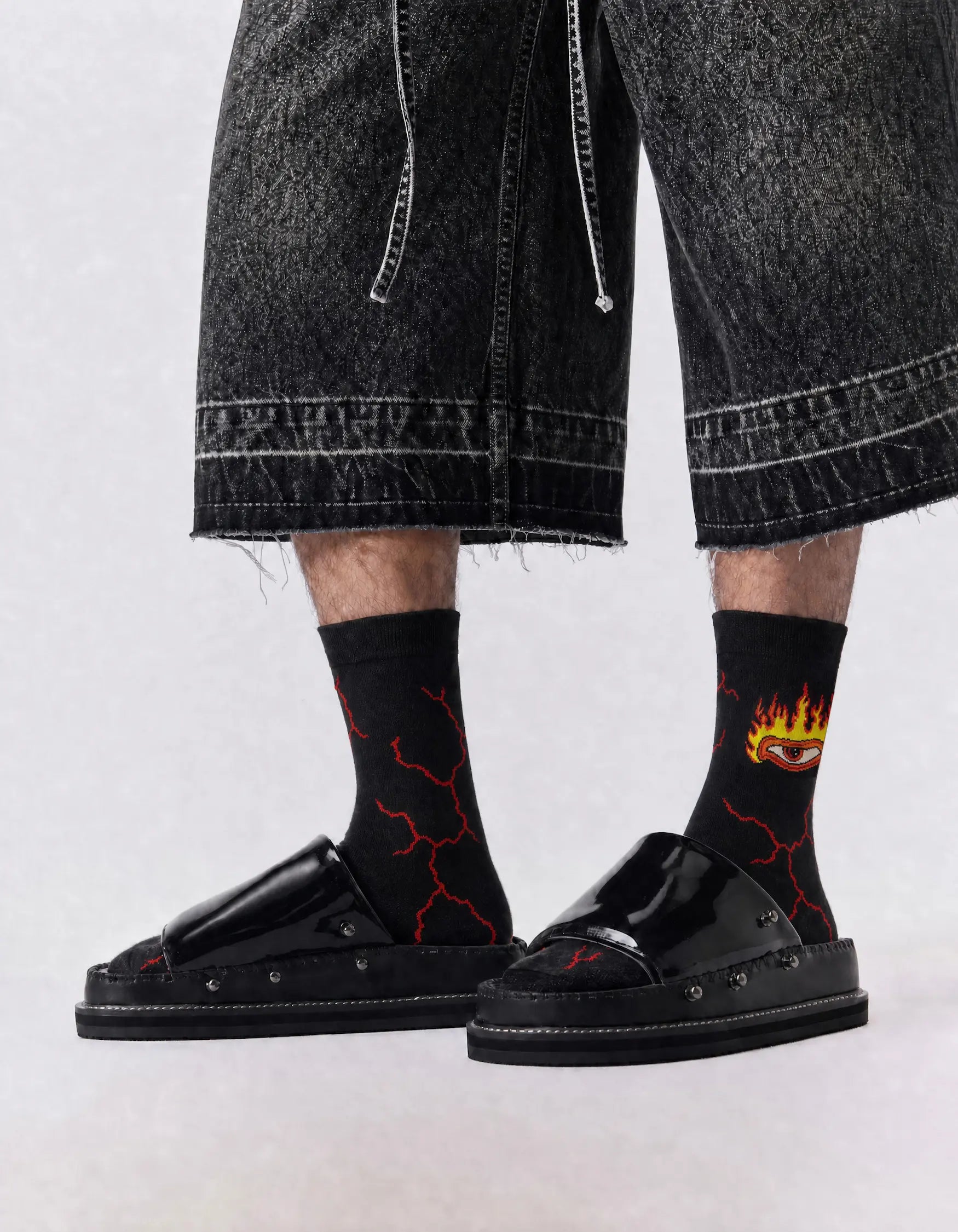 Men's black fire crew socks with lightning graphics - side view 2