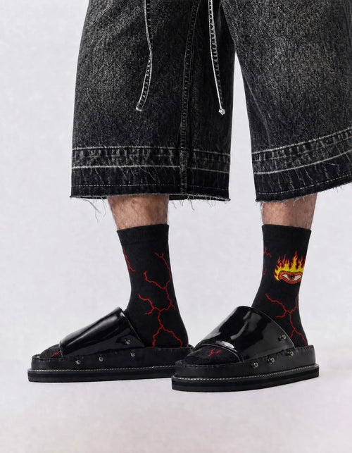 Men's black fire crew socks with lightning graphics - side view 2