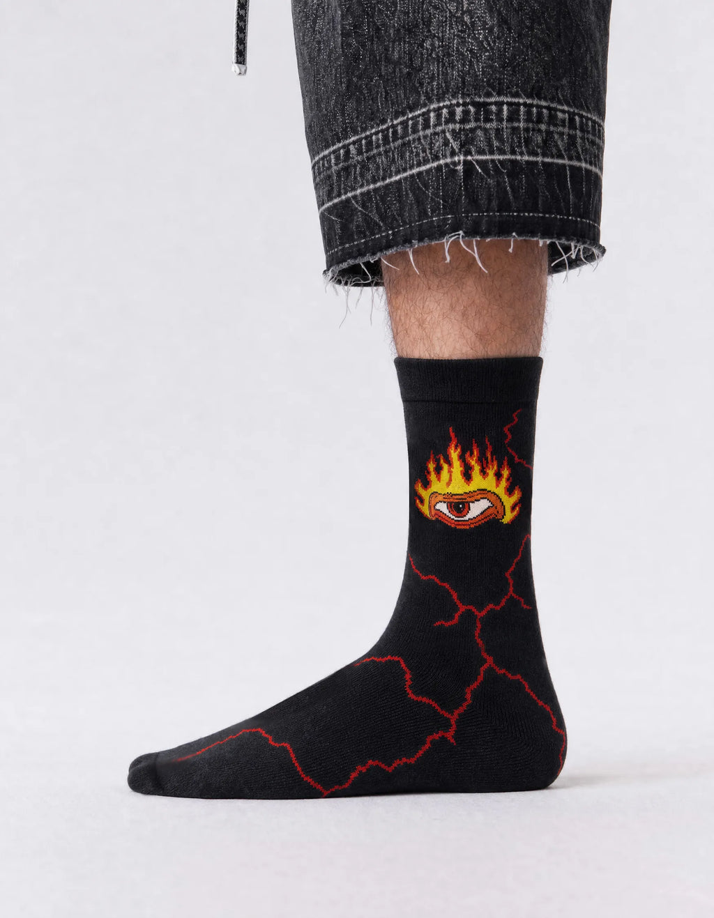 Men's black fire crew socks with lightning graphics - side view 1