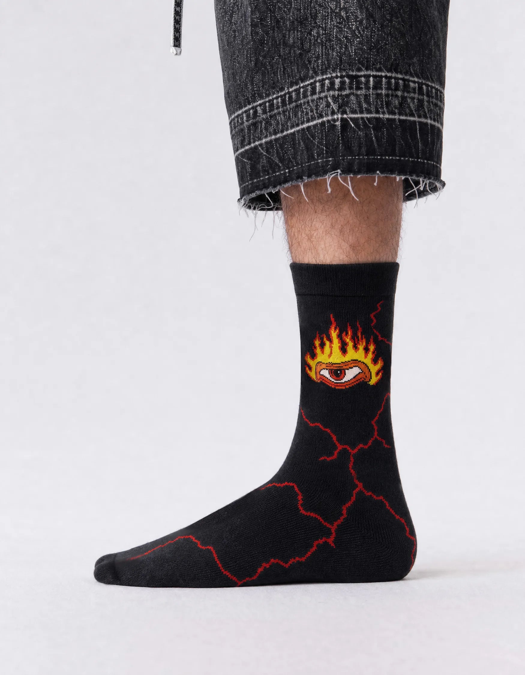 Men's black fire crew socks with lightning graphics - side view 1