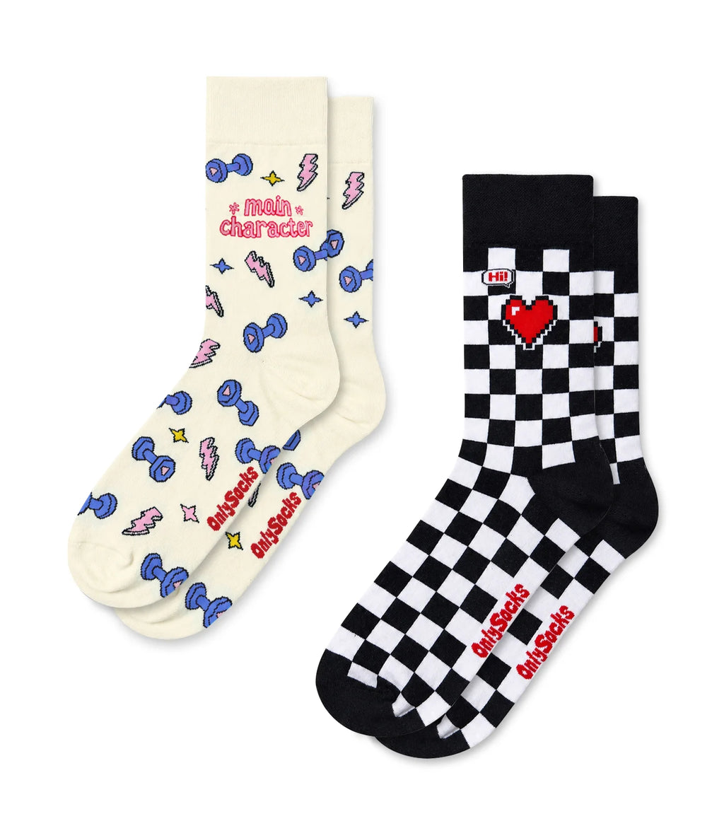 Women’s gym crew socks pack of 2 with dumbbell and heart designs