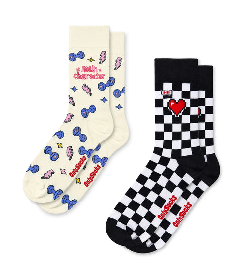 Women’s gym crew socks pack of 2 with dumbbell and heart designs