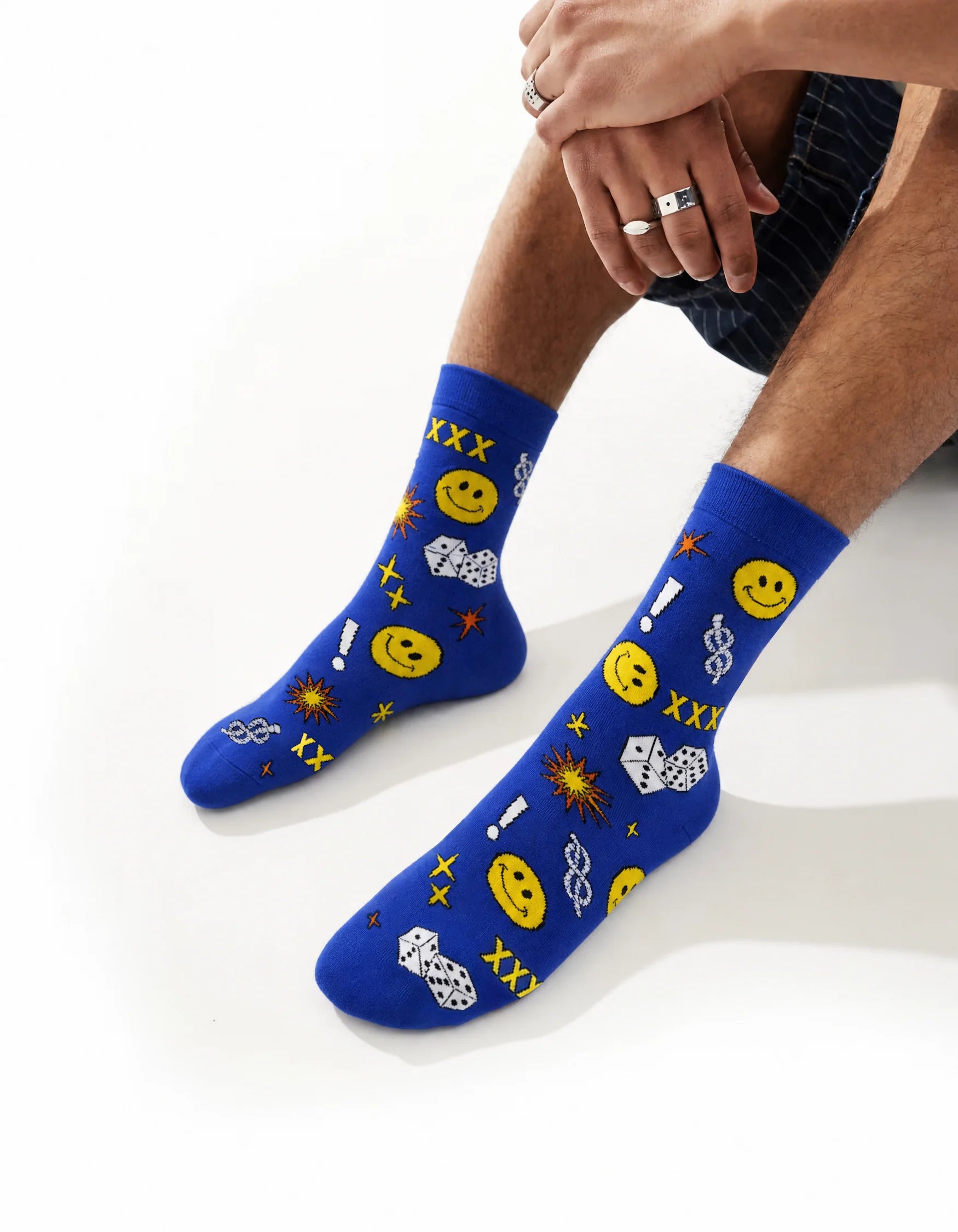 Men's yellow smiley crew socks front view