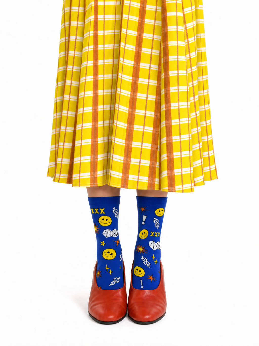 Women's yellow smiley crew socks - front view