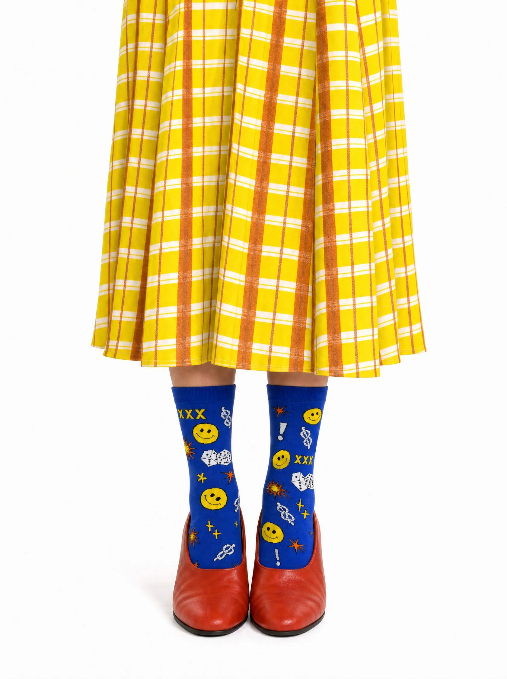 Women's yellow smiley crew socks - front view