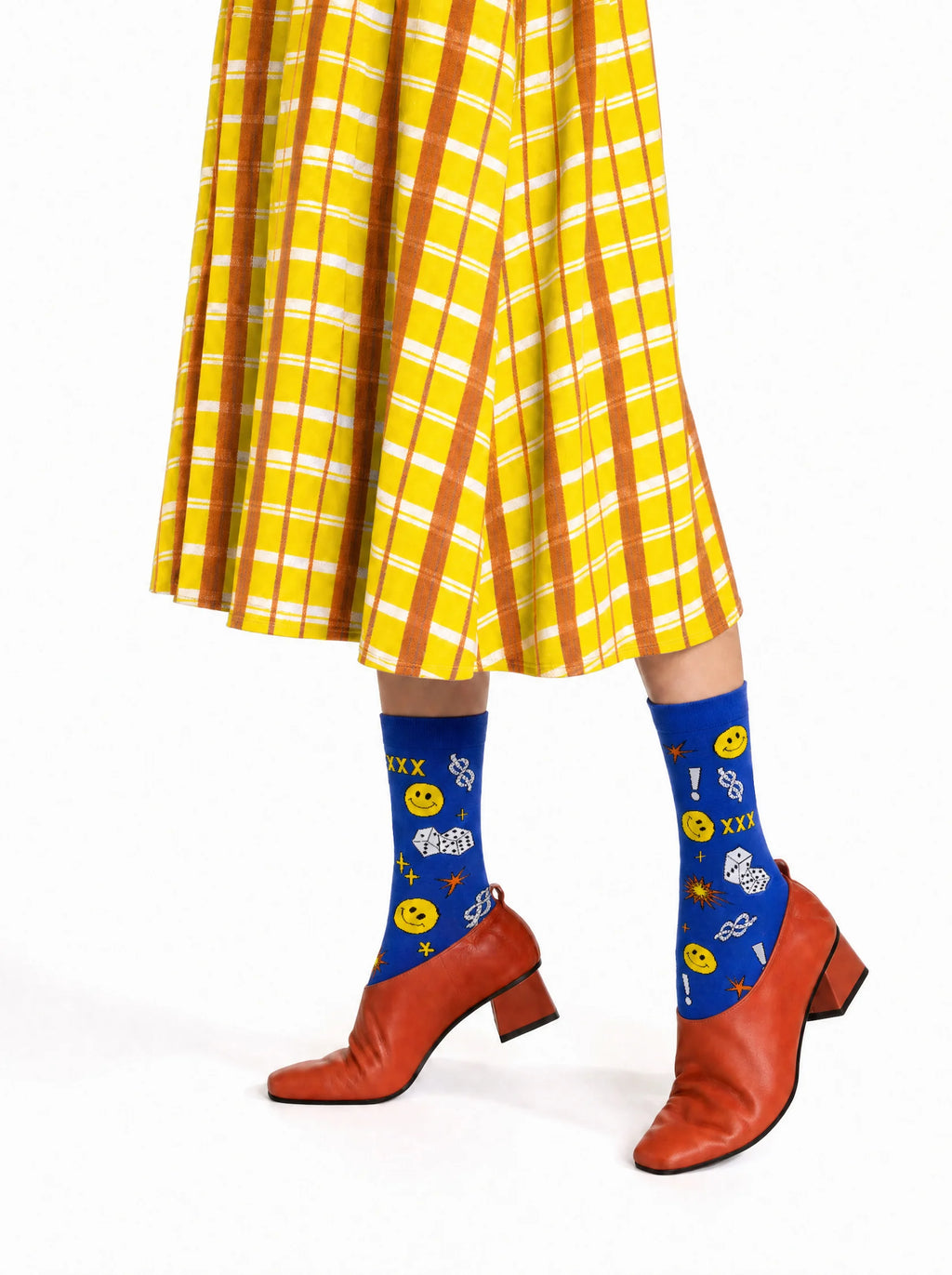 Women's yellow smiley crew socks side view