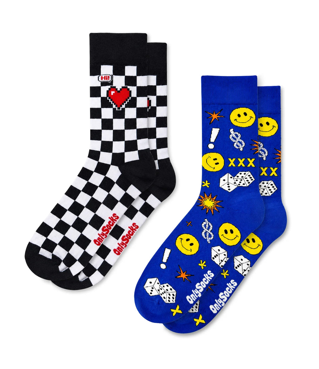 Colorful crew socks pack of 2 with heart and smiley designs