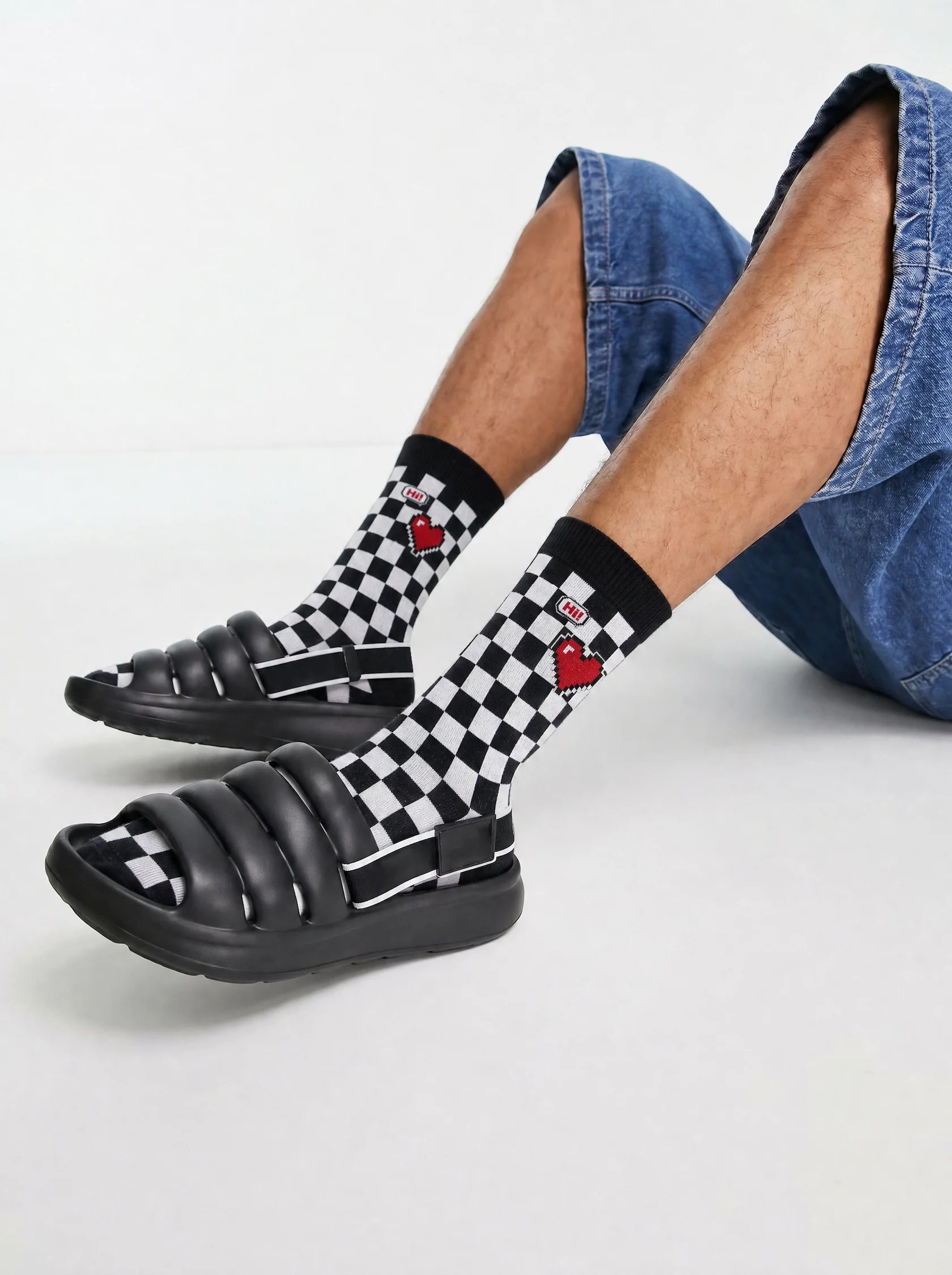 Men's checkered red heart crew socks - front view