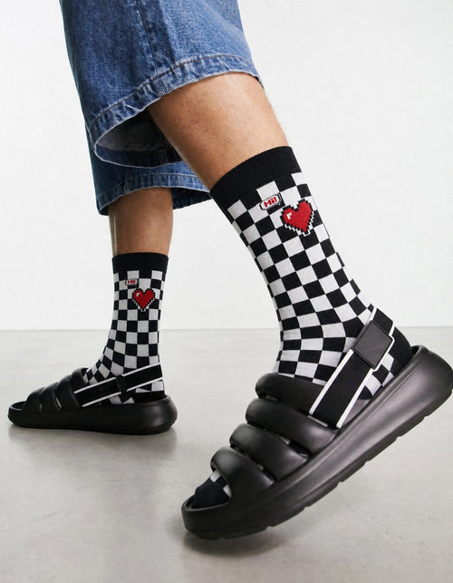Men's checkered red heart crew socks side view