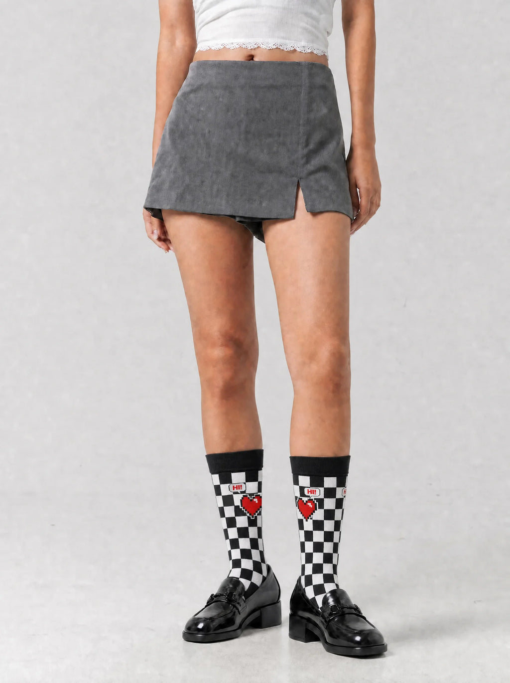 Women's checkered red heart crew socks - front view