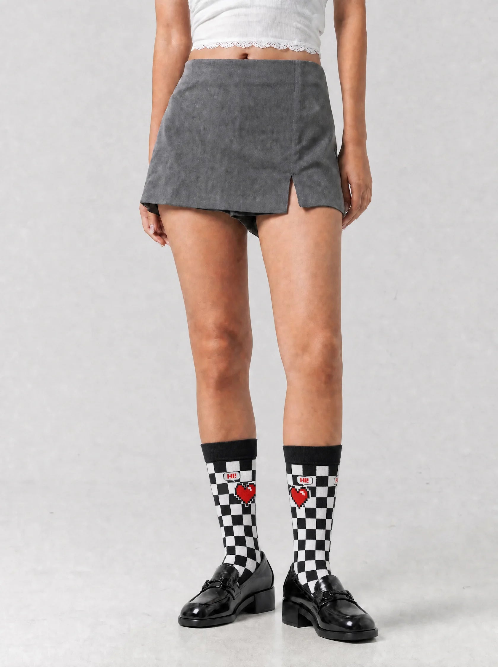 Women's checkered red heart crew socks - front view