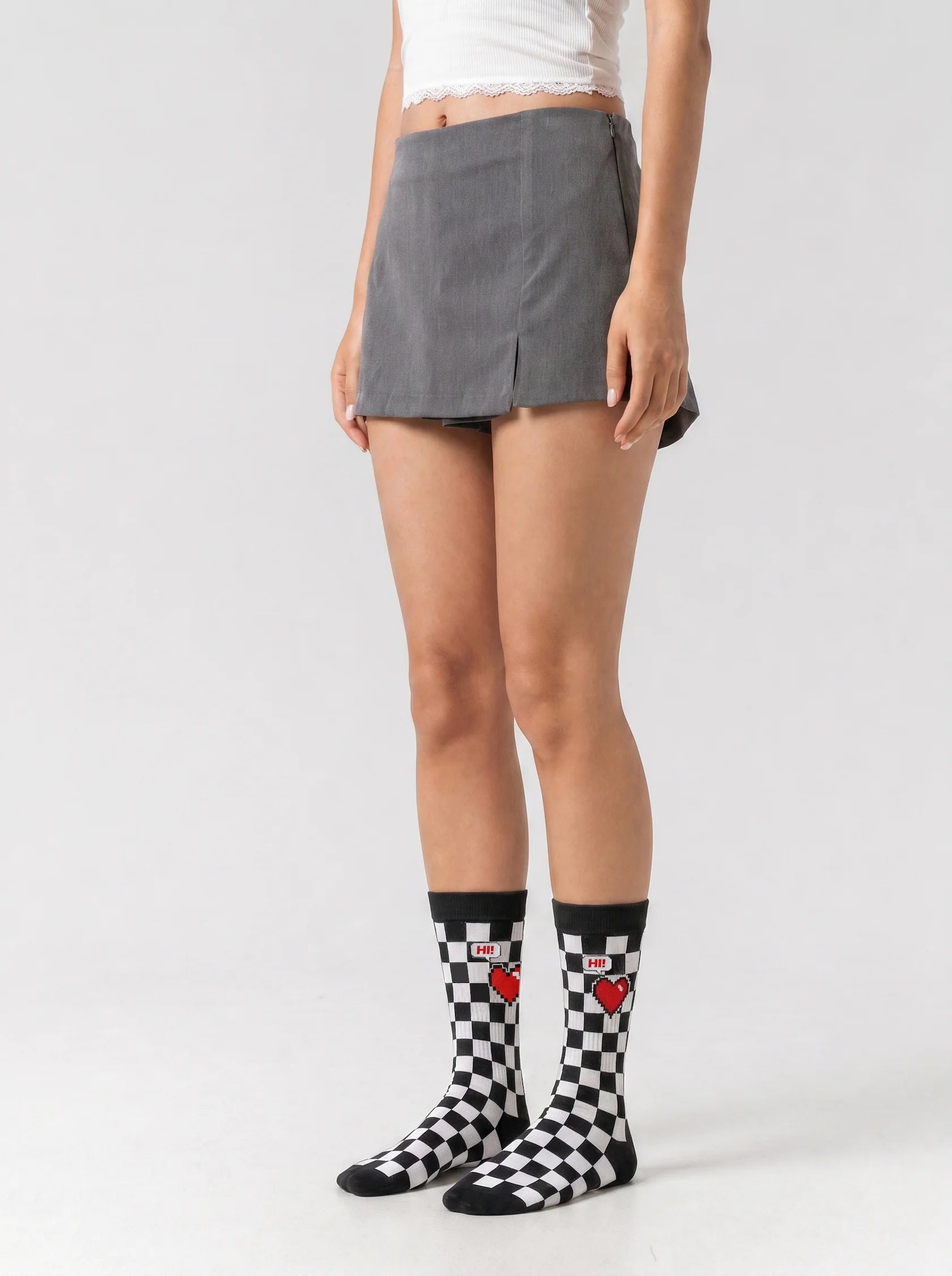 Women's checkered red heart crew socks side view
