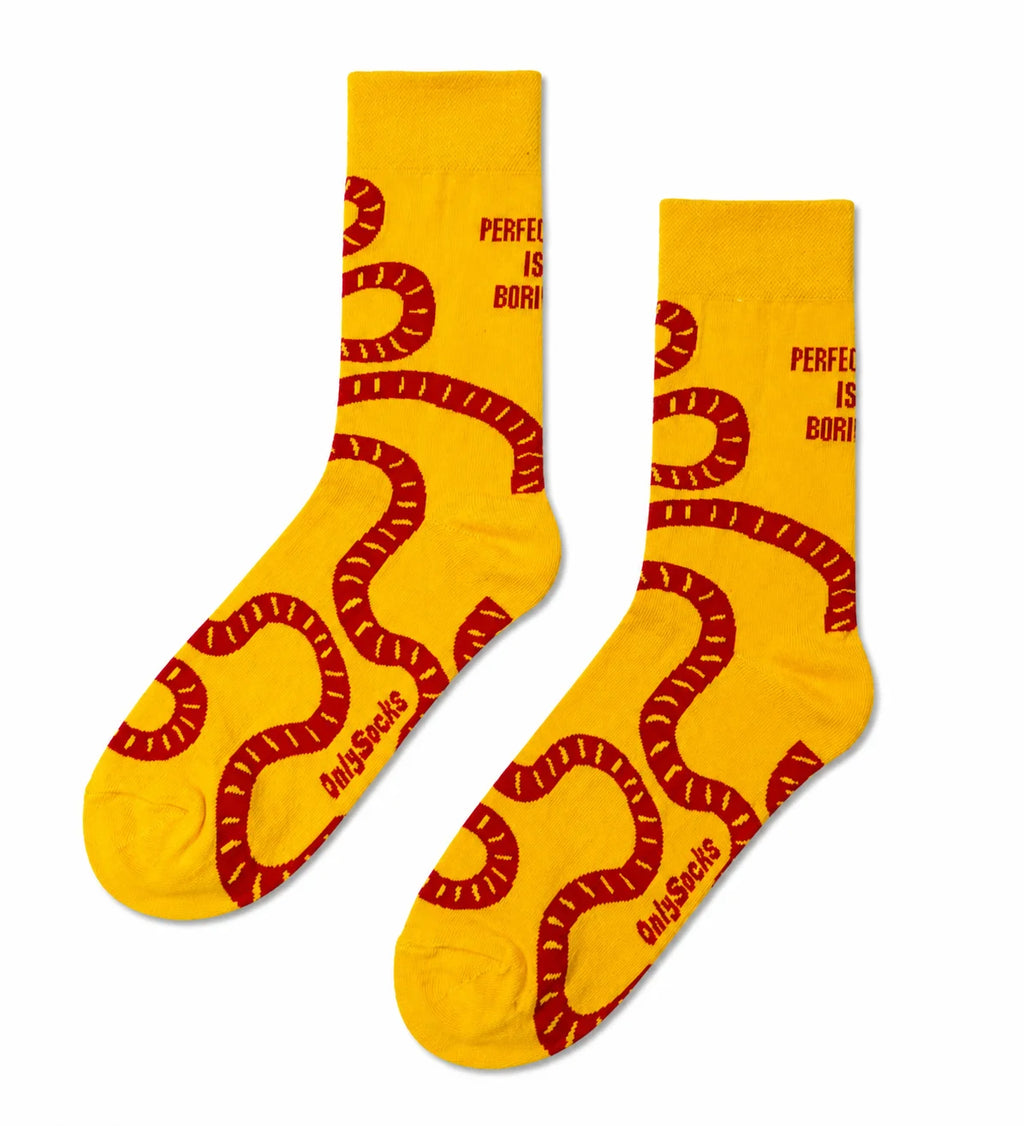 Yellow crew socks with red snake design 